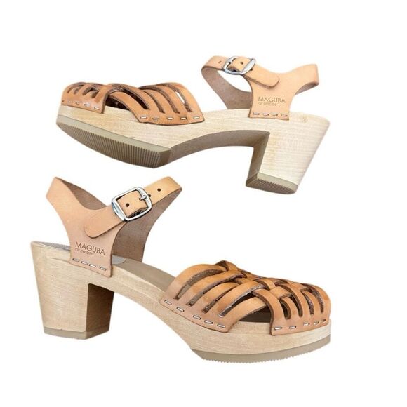 Maguba of Sweden Brown Leather Braided Wooden Heeled Clogs Size 37 = US 7 - 7.5 - Picture 5 of 10